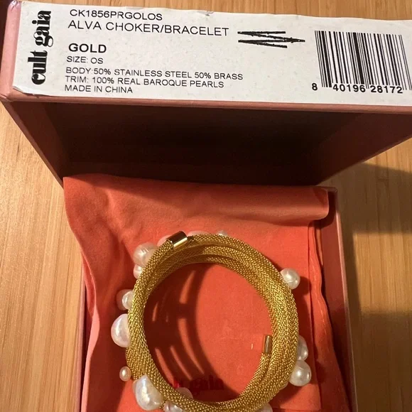 Brand New Cult Gaia Alva versatile choker / arm / wrist gold mesh,baroque pearls - Picture 6 of 6